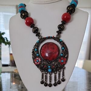 Vintage Red and Turquoise Statement Necklace